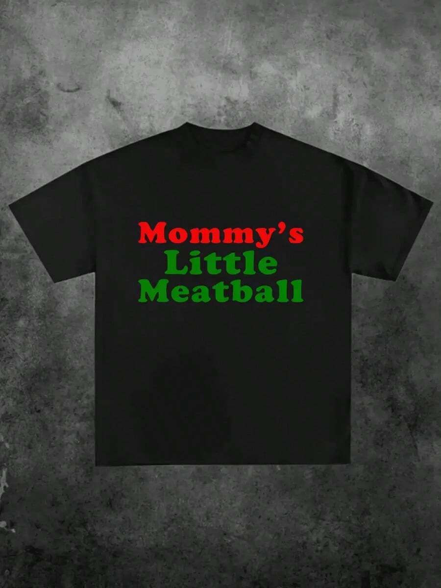 Mommy's Little Meatball, Casual Print, Comfortable And Versatile, 220g Pure Cotton Printed T-Shirt With Letter Pattern - 黑色 - 查看 1