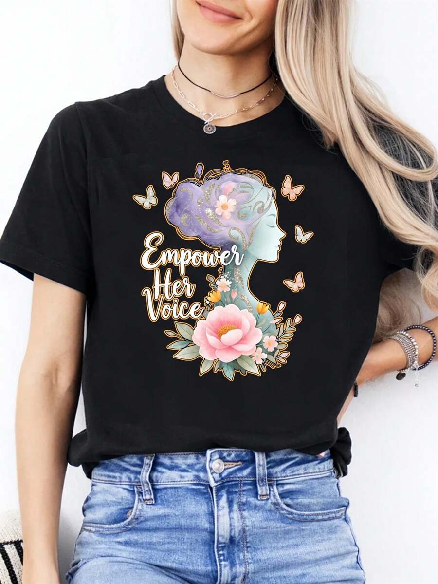 Camiseta de manga corta de cuello redondo para mujer, talla grande, para el Día de la Madre, hecha de tela ligeramente elástica, con un estampado único de mariposas florales, adecuada para uso diario y como regalo para amigas y familiares. - Negro - Ver 1