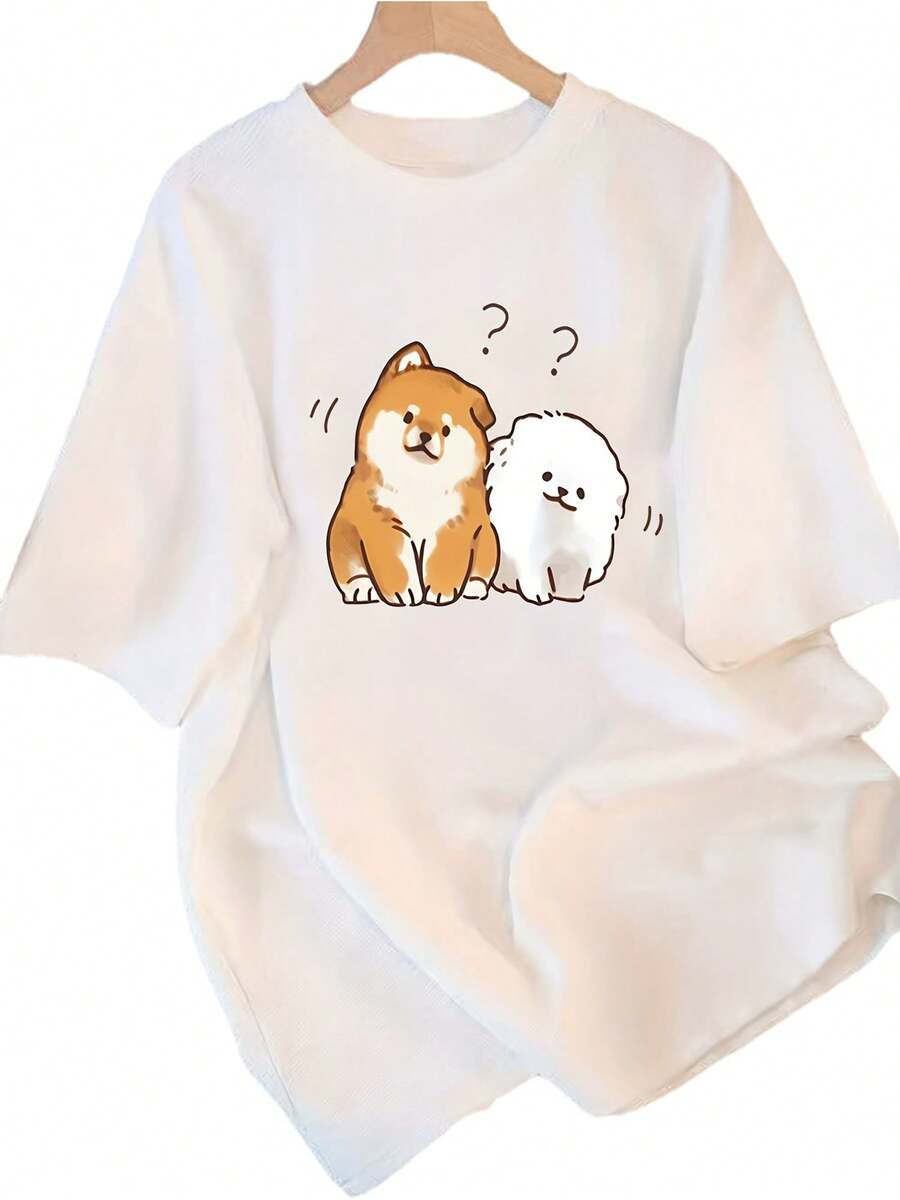 Women's Essential Pure Cotton Casual T-Shirt, Short Sleeve, Unique Design Print, New Summer Collection, Loose Fit, Slimming Top For Students, Soft Cotton For Everyday Wear. - 白色 - 查看 1