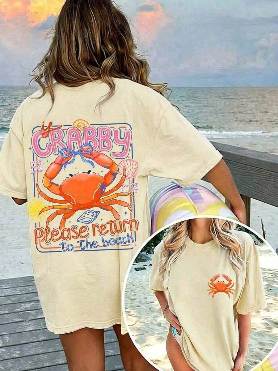 Women's 100% Cotton Graphic Graphic T-Shirt With Double Print "If I'm In A Bad Mood, Please Go Back To The Beach" And "Salty", Casual And Oversized Summer Style | Summer Clothes | Holiday Outfits Pure Cotton T-Shirt 100% Cotton 100% Cotton - 杏色 7 - 查看 1