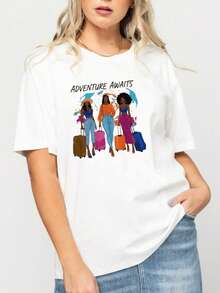 Premium Casual Women's T-Shirt. Adventure Is Calling. Travel Theme. Summer Outfit. Excellent Gift. . - Putih - View 3