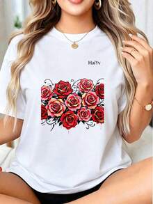 Limited Time Offer, Limited Quantity Available, Flash , Women's Shirts, Women's T-Shirts. Women's Comfortable Loose White T-Shirt, Short Sleeve Round Neck, Red Rose Graffiti Print, Casual T-Shirt For Everyday Wear And Going Out - 白色 - 查看 2