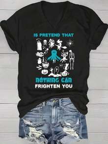 1 Piece Women's V-Neck T-Shirt With Halloween Pattern Print, 180g, Casual Short Sleeve, Breathable And Comfortable, Suitable For Summer And Autumn, And Parties, Best Choice _3 Round Neck Printed Short Sleeve Casual Everyday T-Shirt, They Are Excellent Gifts For Friends And Family, 100% Cotton T-Shirts Feature, A Youthful And Fashionable Design Casual Blouses For Women - 黑色 - 查看 6