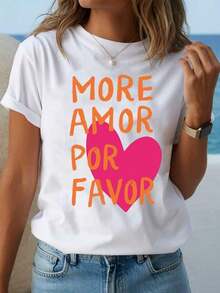 Camiseta de Mujer "MORE AMOR POR FAVOR" - Blanca, Casual, de Manga Corta y Cuello Redondo, con Corazón Rosa y Letras Naranjas, Ligera, para Verano, para Estudiantes de Español, Ropa de Primavera/Veranoblusas para mujer>ropa - Blanco - Ver 1