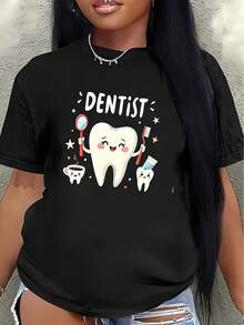 Short-Sleeved T-Shirt With A Charming Dental Design, Ideal For Home, Work, Or Casual Outings. Lightweight And Durable, Perfect For Dental Enthusiasts Seeking Everyday Comfort. Women's Blouses > Clothing - 黑色 - 查看 1