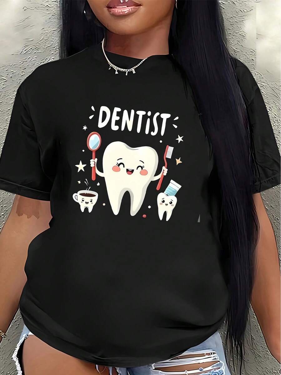 Short-Sleeved T-Shirt With A Charming Dental Design, Ideal For Home, Work, Or Casual Outings. Lightweight And Durable, Perfect For Dental Enthusiasts Seeking Everyday Comfort. Women's Blouses > Clothing - 黑色 - 查看 1