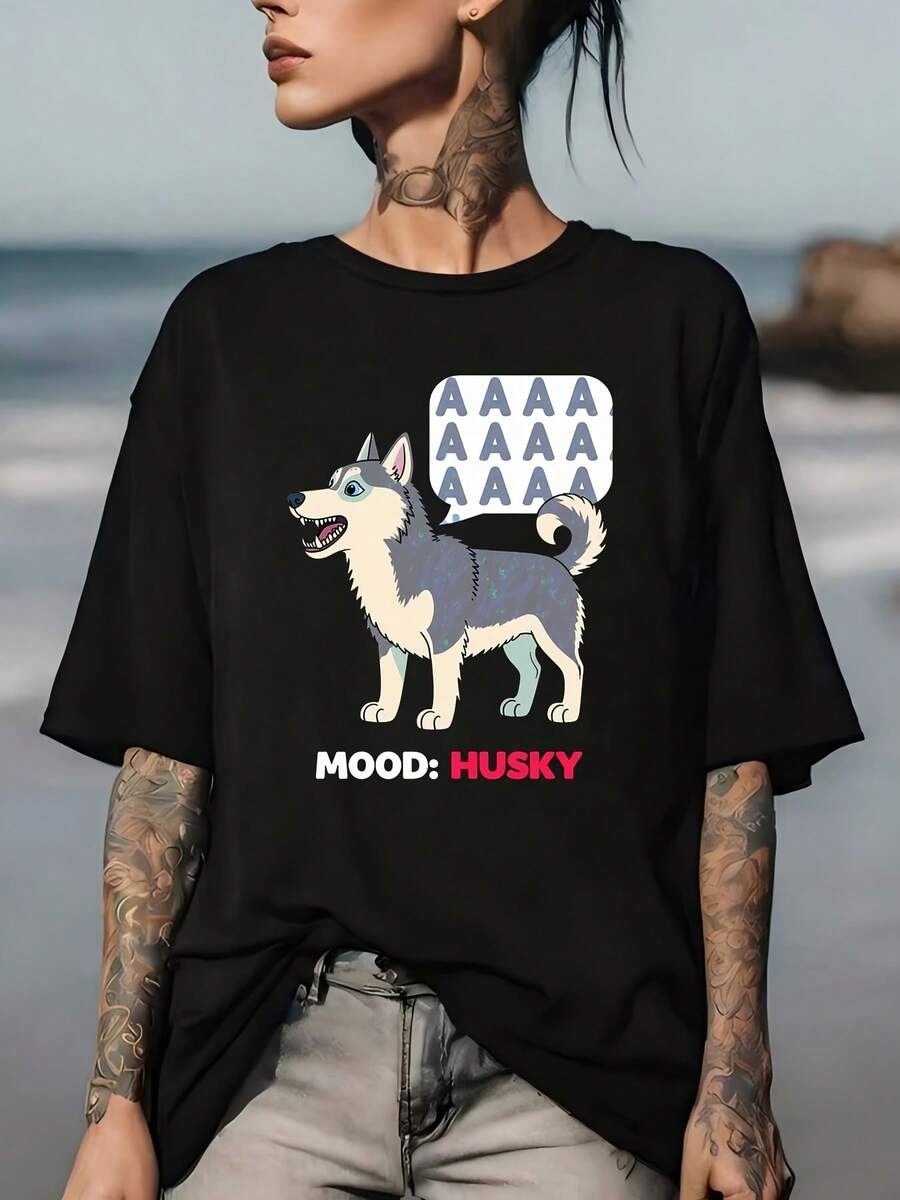 180g Soft, Family-Style Casual T-Shirt, "Mood: Husky" – A Great Choice For Summer Barbecues And Team Gifts, Featuring A Festive Cartoon Dog Design. Unisex, Lightweight, And Comfortable, Suitable For Holiday Parties And Corporate Events. A Must-Have. - 黑色 - 查看 1
