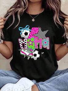 Women's Cotton T-Shirts, "Soccer Mom" T-Shirt For Women, Fun Gift For Soccer Mom, Colorful Design With Soccer Ball And Cleats, Pink And Printed Letters, Sporty Outfit For Mom For Game Day Or Mother's Day, Basic Women's Blouses. - 黑色 - 查看 7
