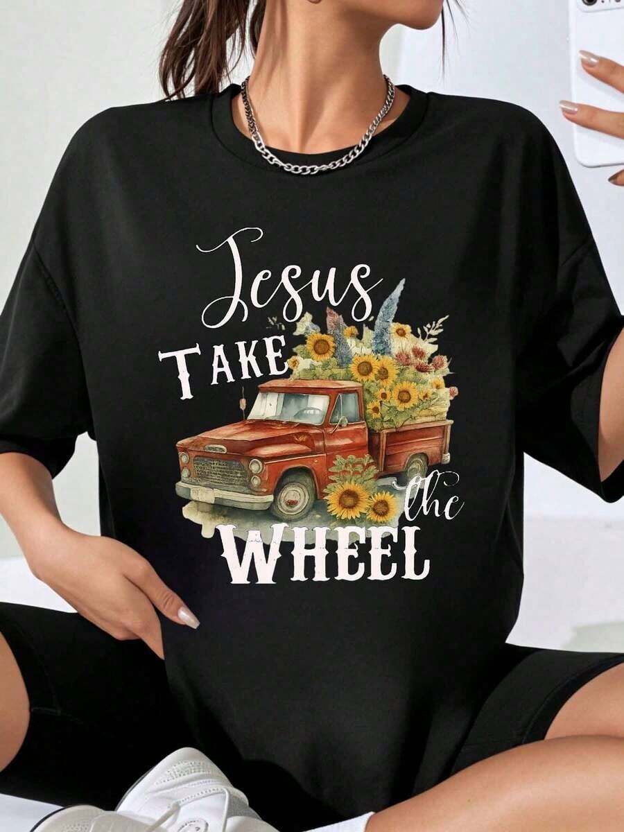 Women's "Jesus Take The Wheel Truck With Sunflowers" Graphic T-Shirt, Casual Style, Plus Size, Summer Fashion T-Shirt - 黑色 - 查看 1