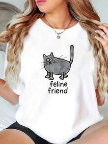 Modern And Minimalist Women's Clothing With Cat Print, White, Short Sleeve, Suitable For All Seasons, Short Sleeve T-Shirt, Casual, Easy To Match, For Everyday Wear. - 白色 - 查看 1