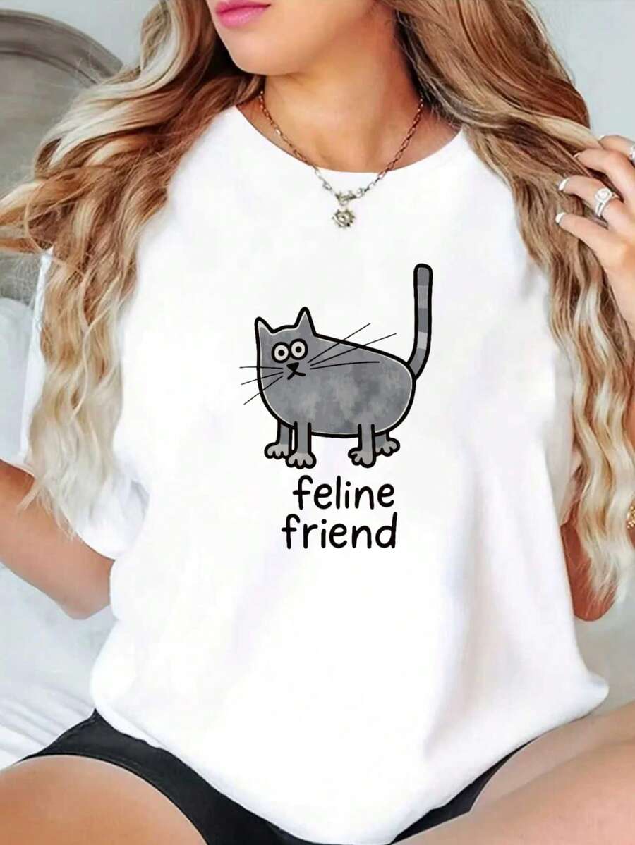 Modern And Minimalist Women's Clothing With Cat Print, White, Short Sleeve, Suitable For All Seasons, Short Sleeve T-Shirt, Casual, Easy To Match, For Everyday Wear. - 白色 - 查看 1