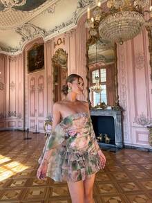 Vestido Gasa Estampado Cuello Envolvente Volante Diseño Exclusivo - Celeste - Ver 4
