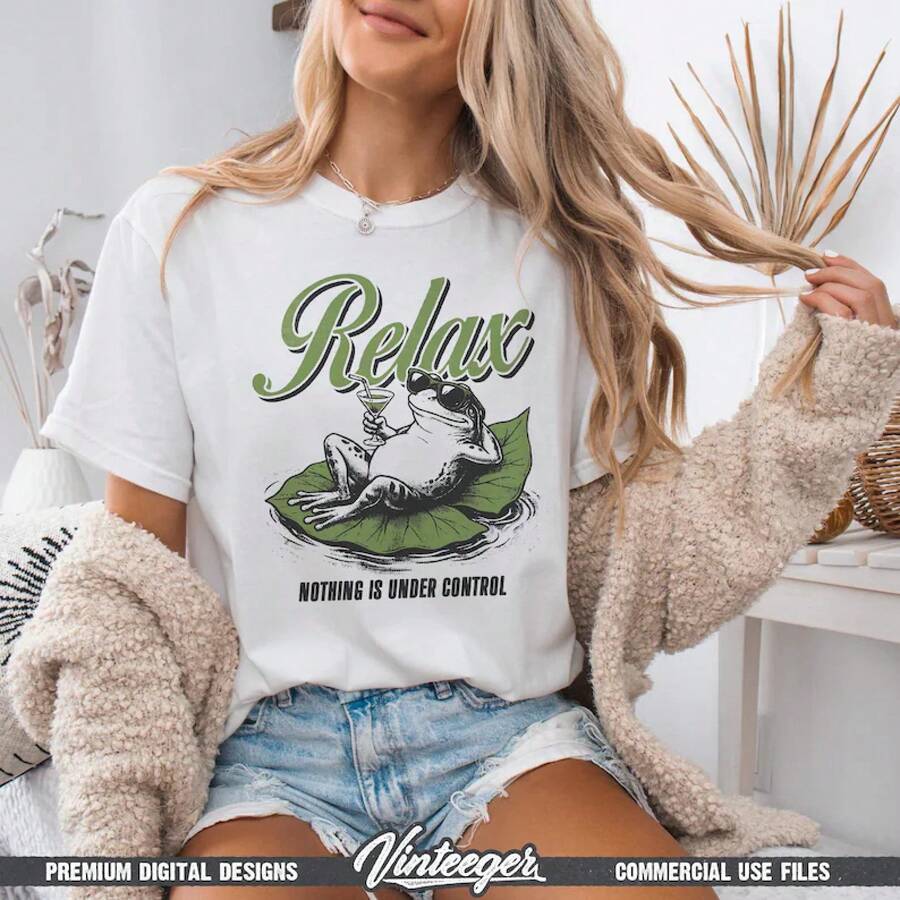 Humorous Frog Digital Design - Relax, Nothing Is Under Control - Funny T-Shirt Design About Mental Health - Printable Retro Graphic About Anxiety - 白色 - 查看 1