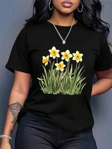 Women's Cotton T-Shirts, Round Neck, Casual Loose Fit, European Geometric Pattern, Short Sleeve - Breathable Summer T-Shirt, Simple Casual Top For Everyday Wear - 黑色 - 查看 7