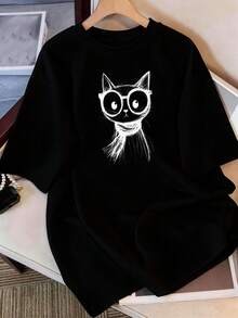 Women's Casual Top. Fitted Women's T-Shirt With A Cat Wearing Glasses Design, Perfect For Everyday Wear. Lightweight And Breathable, Suitable For Various Occasions. A Must-Have For Casual Daily Wear. - 白色 - 查看 7