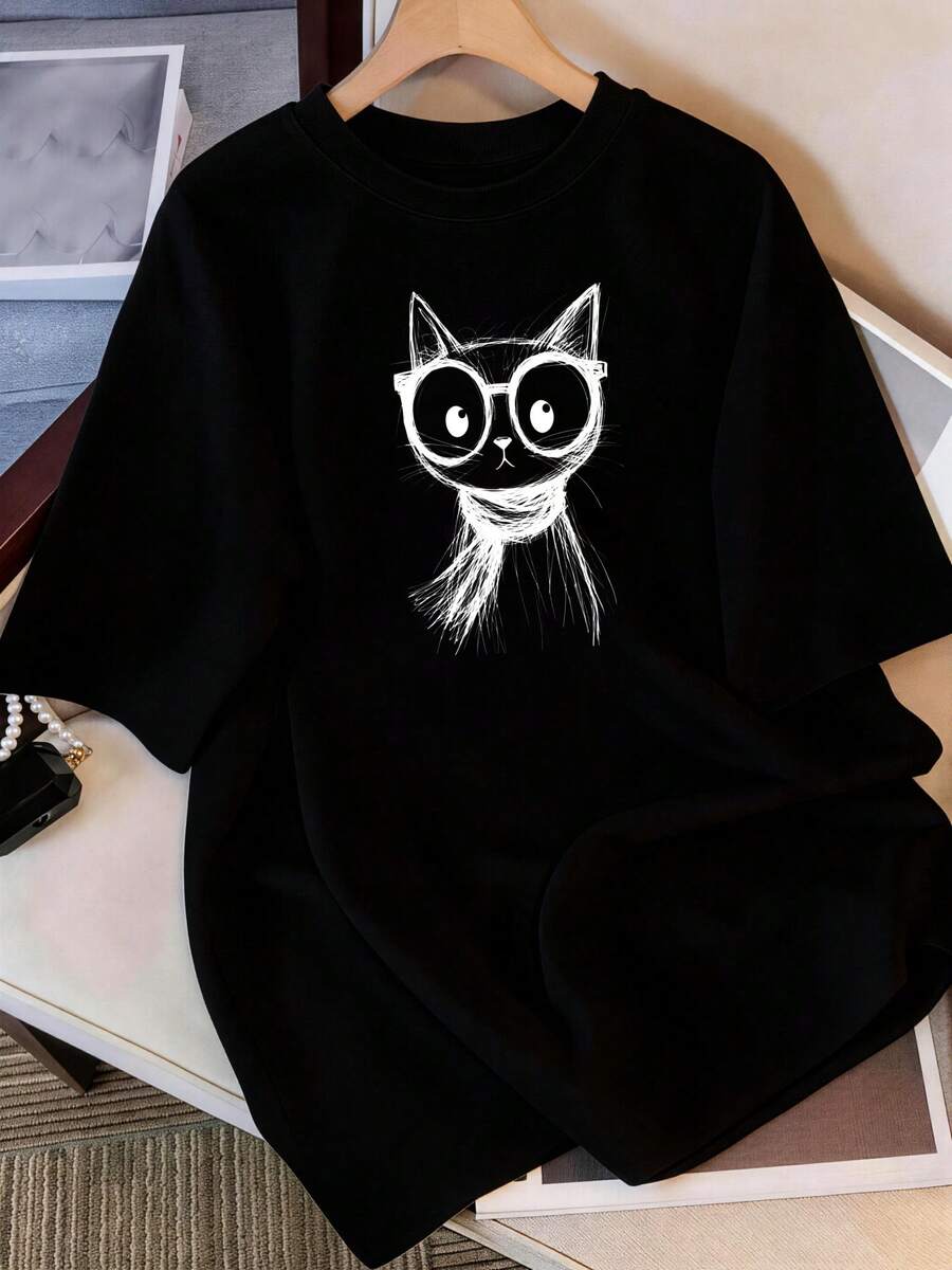 Women's Casual Top. Fitted Women's T-Shirt With A Cat Wearing Glasses Design, Perfect For Everyday Wear. Lightweight And Breathable, Suitable For Various Occasions. A Must-Have For Casual Daily Wear. - 黑色 - 查看 1