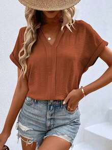 Blusa de mujer de unicolor y cuello en V minimalista de manga corta - Óxido marrón - Ver 5