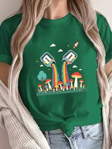 Short-Sleeved, Round-Neck T-Shirt With Fantastic Prints, Including Themes Such As Autism, ADHD, Rainbows And Mushrooms, Perfect For Casual Wear In Spring And Summer, Specially Designed For Women. - 綠色 - 查看 6