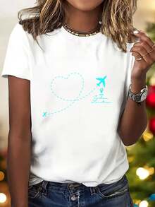 1 Piece Of Women's Short-Sleeved Crew Neck T-Shirt, Y2K Style, Summer Fashion, Casual And Comfortable, With Airplane And Heart Print, White With Red Details, Ideal For The Beach In Summer And Spring, Machine Washable, Airplane-Themed T-Shirt, Comfortable For Daily Wear, Short-Sleeved T-Shirt With Opaque Fabric Print, Birthday Gift. - 白色 - 查看 6