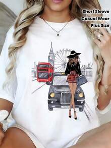 Oversized Short-Sleeved T-Shirt With A Modern London Cityscape Design, Designed For Plus-Size Women. This Comfortable And Stylish Top Is Perfect For Curvy Women And Is An Essential Piece For Casual Outings Year-Round. - 白色 - 查看 1