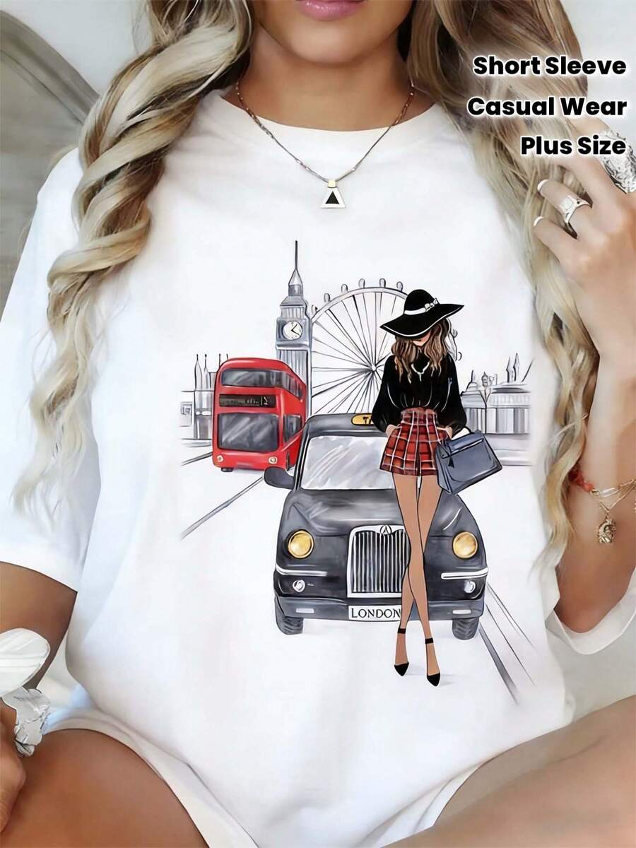 Oversized Short-Sleeved T-Shirt With A Modern London Cityscape Design, Designed For Plus-Size Women. This Comfortable And Stylish Top Is Perfect For Curvy Women And Is An Essential Piece For Casual Outings Year-Round. - 白色 - 查看 1