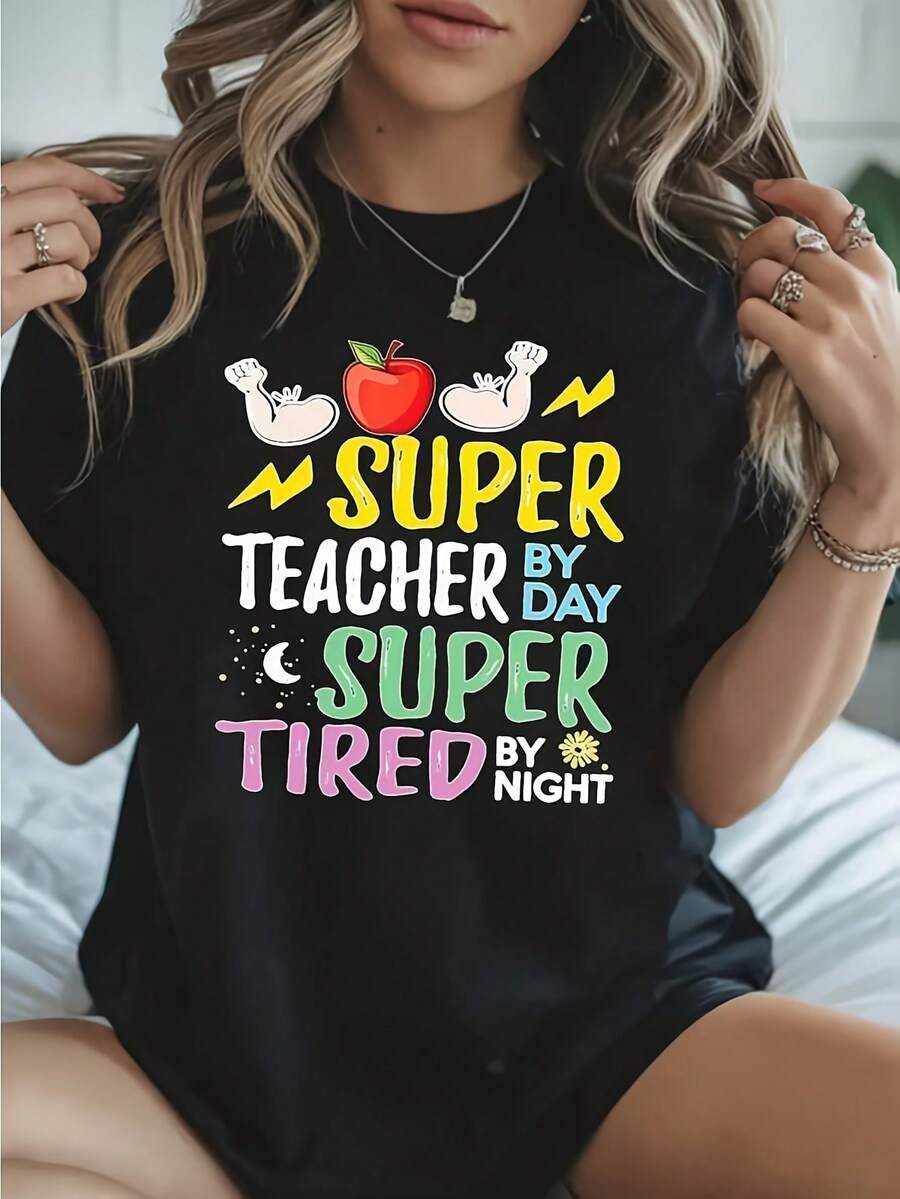 Ropa de mujer - Camiseta divertida para maestras - Diseños de "Super Maestra" y "Noche de Cansancio", con estrellas, manzanas e íconos - Camiseta transpirable de manga corta y cuello redondo, adecuada para educadoras, actividades y comodidad casual - Regalo lavable a máquina para maestras, camiseta para maestras, ropa para empleados - camisetas para mujer - Negro - Ver 1