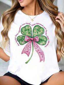 Women's Round Neck T-Shirt With Four Leaf Clover Print And Pink Bow, Short Sleeve, Casual Style, For St. Patrick's Day Celebration, Cool Summer Clothes For Women. - 白色 - 查看 1