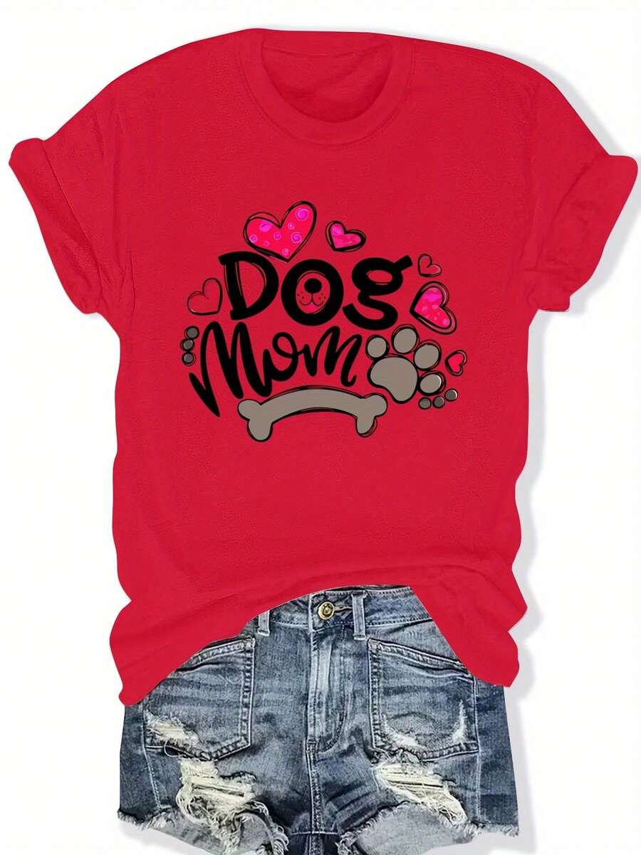Casual T-Shirt: A Casual Short-Sleeved, Crew-Neck T-Shirt For Women, Featuring A "Dog Mom" Design With Hearts, Paw Prints, And Bones. It's Stylish And Unique, Perfect For Everyday Wear In Spring And Summer. 100% Cotton. Durable. - 紅色 - 查看 1