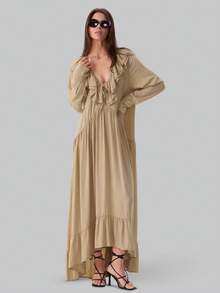 Vestido largo cuello V con volantes y manga acampanada, estilo vacacional primavera verano 2026 - Caqui - Ver 9