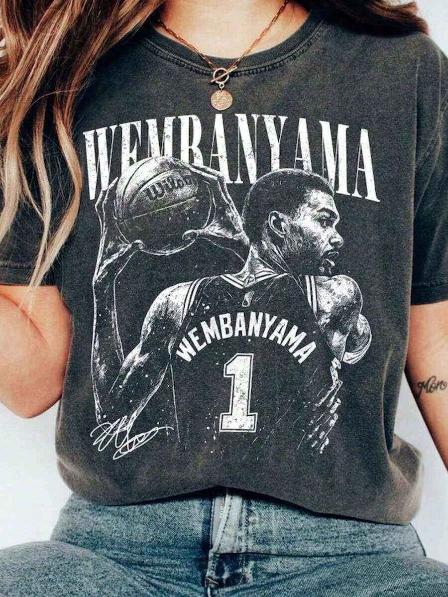 Cute Unisex Casual Premium T-Shirts, Victor Wembanyama Basketball Jersey, Victor Wembanyama Basketball Jersey, Wemby Basketball Gift, Funny Unisex Basketball Gift. - 黑色 2 - 查看 1
