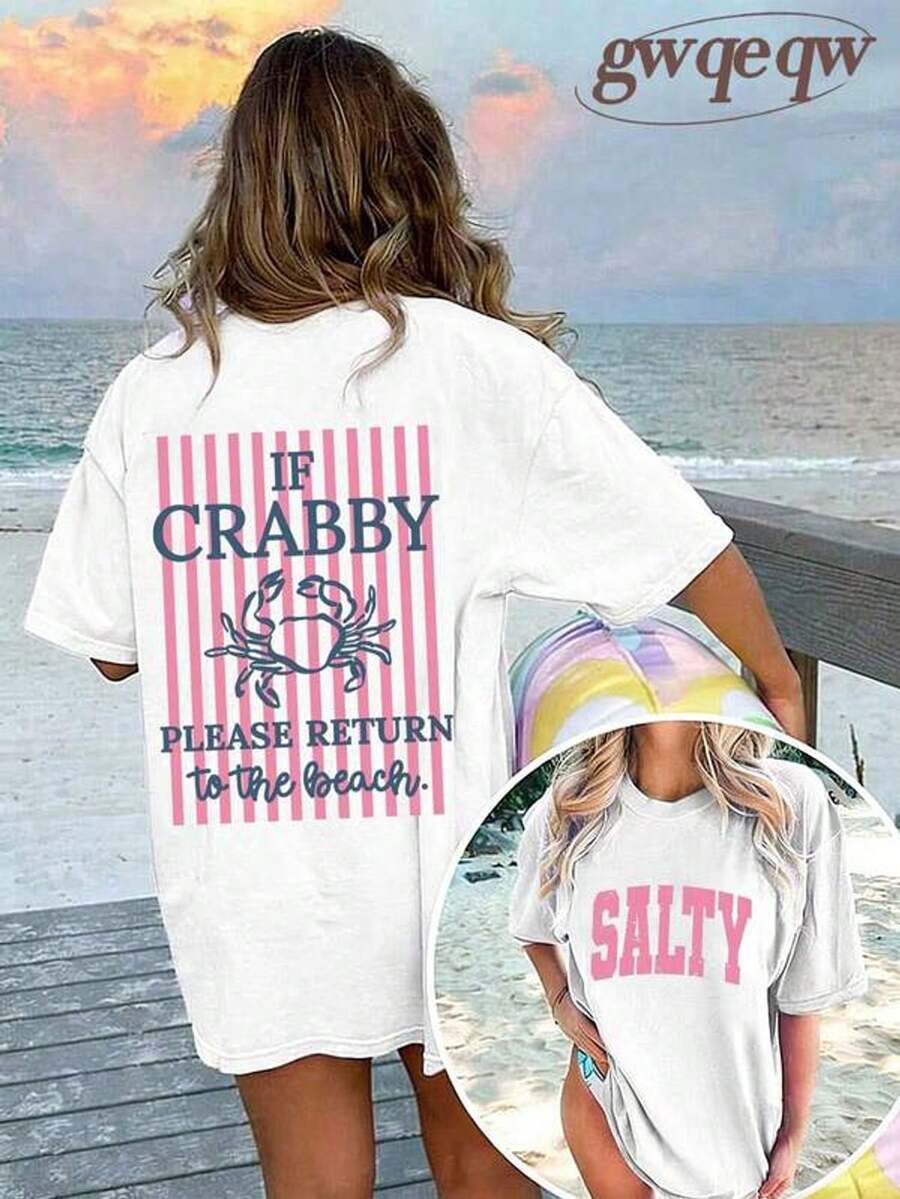 New 2026 Collection: Women's Cotton T-Shirt With Graphic Print 'If You're Grumpy, Please Go Back To The Beach'. Double-Sided T-Shirt, Casual Style, One Size Fits Most, For Summer. | Summer Clothes | Short-Sleeve Vacation T-Shirt / Short-Sleeve T-Shirt - 白色 - 查看 1