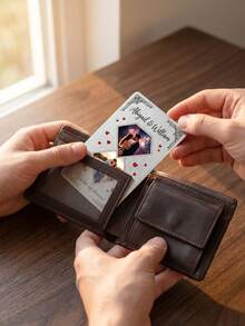 1 pieza Tarjeta de billetera de aluminio personalizada con fotos de pareja, recuerdo personalizado grabado con nombres y mensaje de la pareja, regalo romántico para la pareja, material de aluminio cepillado, diseño grabado e impreso, tamaño de tarjeta de crédito - Plateado - Ver 7