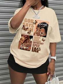 Women's Plus Size Summer Casual T-Shirt With Letter And Portrait Print, Round Neck, Versatile, Short Sleeve, Graphic T-Shirts For Women - 杏色 - 查看 3