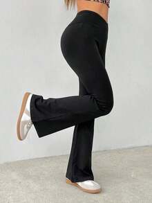 Pantalones acampanados de cintura alta envolvente de unicolor sencillo - Negro - Ver 3