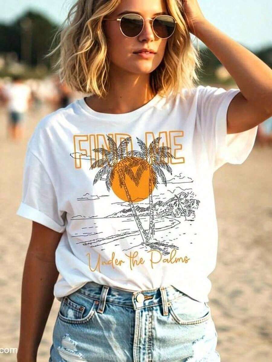 Urban Sense Summer Beach Tropical Design, "Find Me Under The Palm Trees" T-Shirt Design, Summer Phrase For Sublimation, Vacation Sun Graphic. 220g Pure Black Cotton Short Sleeve T-Shirt Is The Best Gift For, Best, RelaT. S, Who Feel Cool And Comfortable In Women's Summer T-Shirts. In Autumn Outfit. S For Women. In VaC. Ation Outfit. S WoM. On Halloween, Costume, Mother's Day Gift CHIA Women's T-Shirts - 白色 - 查看 1
