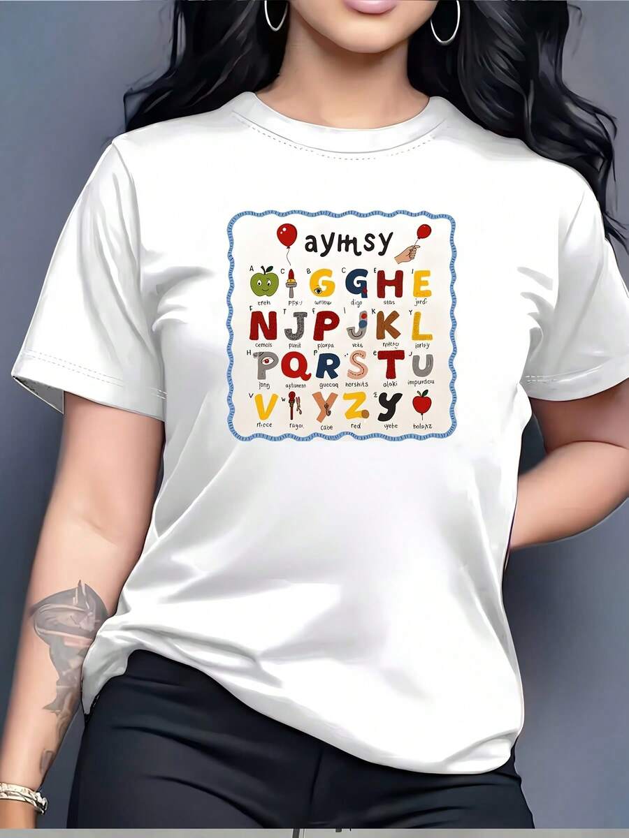 Fun 180g Alphabet T-Shirt, Suitable For Men And Women - Ultra Comfortable Short-Sleeved Crew Neck T-Shirt With Alphabet Letters, Casual Gift For Team Building Activities In The Office, Birthdays, Holidays, Machine Washable For Daily Use (Adults). - 白色 - 查看 1
