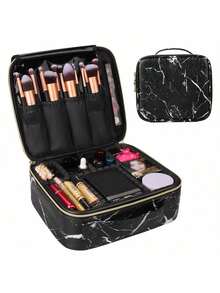 1pc Marble Pattern PU Cosmetic Storage Bag, Waterproof Travel Makeup Bag, Professional Portable Makeup Box, Embroidered Tool Organizer Box - Black - View 2
