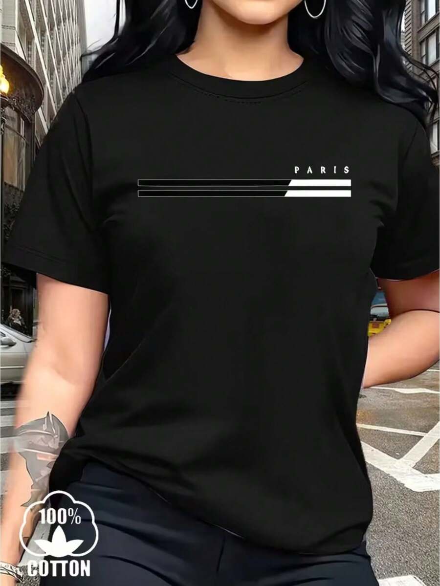 Women's Casual Summer T-Shirt With Paris Graphic Print - Red, Short Sleeve, Crew Neck, Comfortable Fit, Casual Wear | Graphic T-Shirt | Comfortable Fit - 黑色 - 查看 1