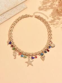 1pc Beach Vacation Style Necklace, Colorful Stone Pendant Seashell Charm, Fashionable Jewelry Suitable For Daily Wear, Summer Vacation, Dates, Parties, Music Festivals. The Size, Shape And Color Arrangement Of The Colorful Stones Are Random And Not Fixed. - Multicolor - View 2