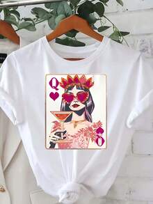 Queen Of Hearts, Queen Of Cards Print, Women's Casual Short Sleeve T-Shirt, Comfortable Fit, Matching Sister Set, Outdoor Travel Essential, Women's T-Shirt, Spring/Summer T-Shirt. - 白色 - 查看 1