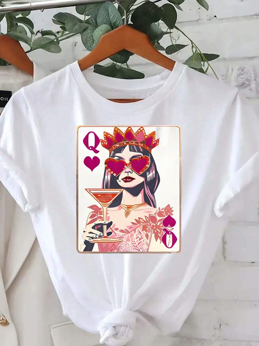Queen Of Hearts, Queen Of Cards Print, Women's Casual Short Sleeve T-Shirt, Comfortable Fit, Matching Sister Set, Outdoor Travel Essential, Women's T-Shirt, Spring/Summer T-Shirt. - 白色 - 查看 1