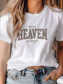 Soft 100% Cotton Women's Short-Sleeved T-Shirt With A Pink "MAKE HEAVEN CROWDER" Print On The Chest - Reversible, Suitable For All Seasons, Breathable, Washable, Crew Neck, Casual Top, Perfect For Layering. This Breathable Cotton T-Shirt Goes With Everything And Is Great. - 白色 - 查看 1