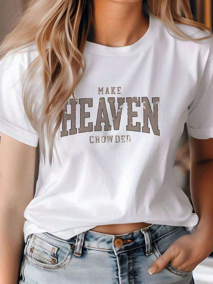 Soft 100% Cotton Women's Short-Sleeved T-Shirt With A Pink "MAKE HEAVEN CROWDER" Print On The Chest - Reversible, Suitable For All Seasons, Breathable, Washable, Crew Neck, Casual Top, Perfect For Layering. This Breathable Cotton T-Shirt Goes With Everything And Is Great. - 白色 - 查看 1