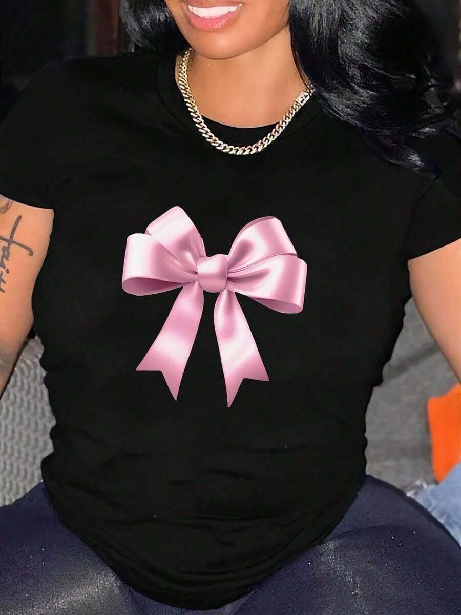 Camiseta suave 100% algodón con estampado de letras, cuello redondo, manga corta, informal, para primavera y verano, ropa de mujer, camiseta de algodón transpirable, combina con todo, genial. - Negro - Ver 1