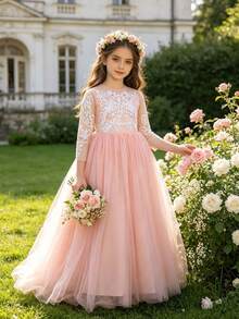 Girls' Floral Embroidered Bowknot Long Sleeve Mesh Formal Dress, Suitable For Flower Girl, Wedding, Festival, Prom, Spring/Summer - Baby Pink - View 6