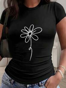 Simple Lines And A Daisy Print In A Fresh And Natural Style - Y2K Style - Women's Casual Fashion Sports T-Shirt, Petite Size, Slim Fit, Solid Color, With Detailed Pleats At The Waist, Pullover Round Neck, Short Sleeves, Suitable For All Four Seasons. - 白色 - 查看 9