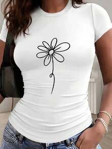 Simple Lines And A Daisy Print In A Fresh And Natural Style - Y2K Style - Women's Casual Fashion Sports T-Shirt, Petite Size, Slim Fit, Solid Color, With Detailed Pleats At The Waist, Pullover Round Neck, Short Sleeves, Suitable For All Four Seasons. - 黑色 - 查看 9