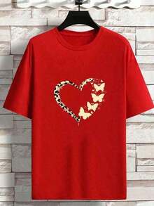 Women's Simple Casual Basic T-Shirt With Heart And Butterfly Print - Vintage Urban Style, Unisex, Cotton, Short Sleeve, Round Neck, Flash  Blouses, Pretty 100% Cotton - 紅色的 - 查看 4