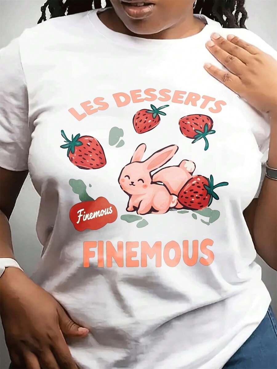 Plus Size - Plus Size - Women's Fashion Casual Crew Neck T-Shirt | Short Sleeve Top, Suitable For Valentine's Day, Ideal For Daily Wear, Rabbit And Strawberry Print, Plus Size, Slightly Stretchy Fabric. - 白色 - 查看 1