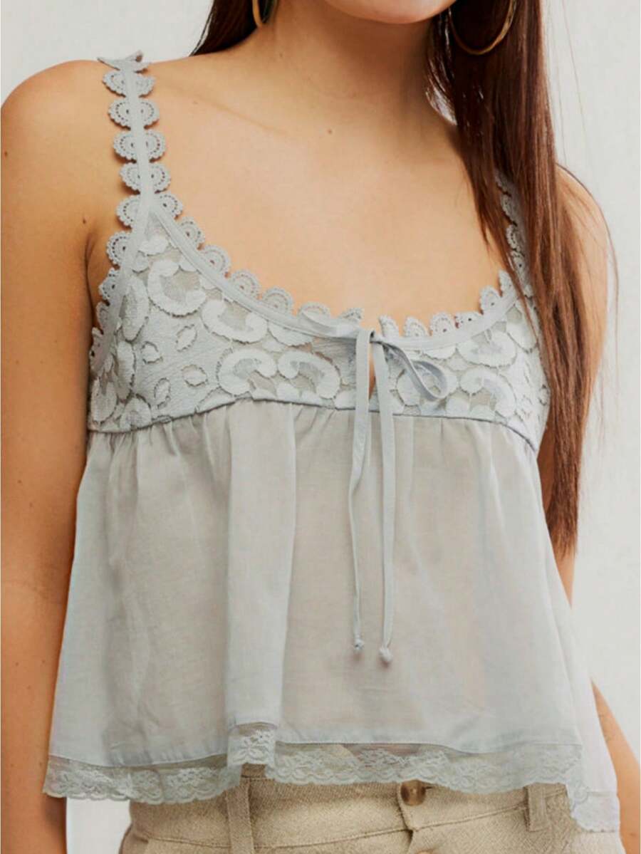 Women Sleeveless Ruffled Lace Trim Boho Spaghetti Crop Top Scoop Neck Flowy Button Down Front Tie Mesh Crop Tank Top - Grey - View 1